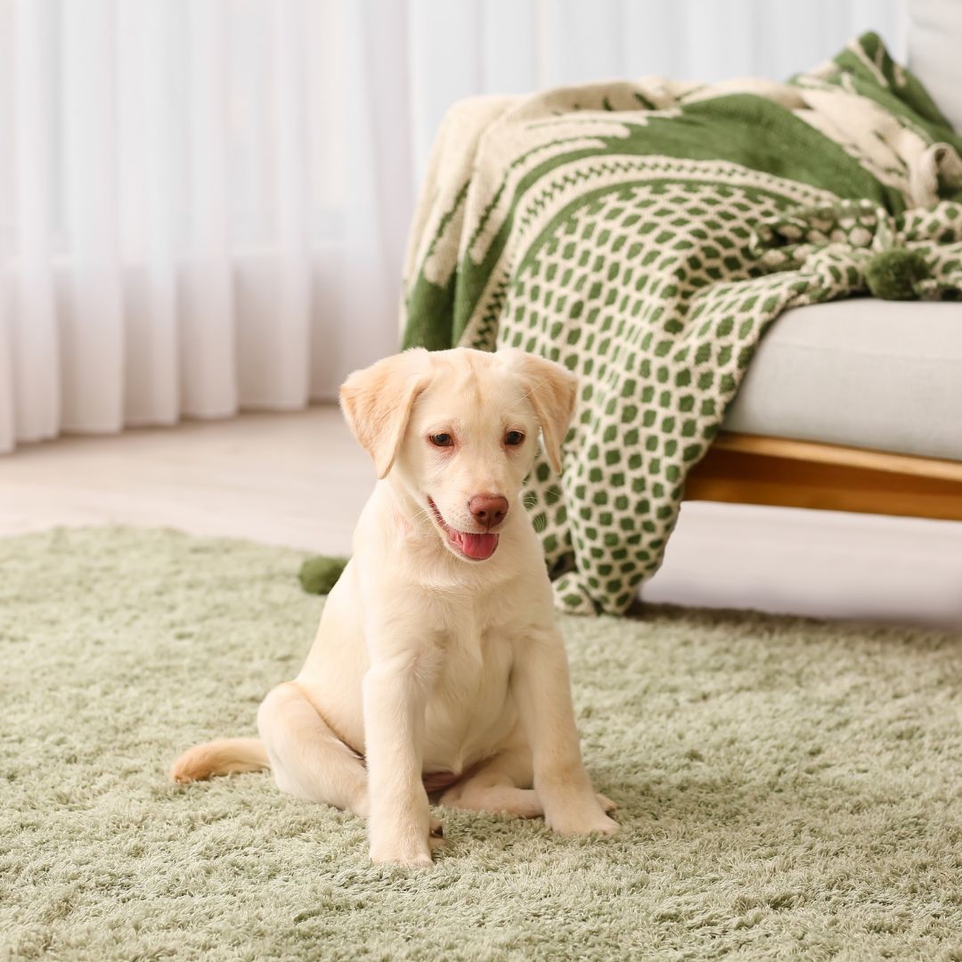 Labrador puppy sitting on rug
