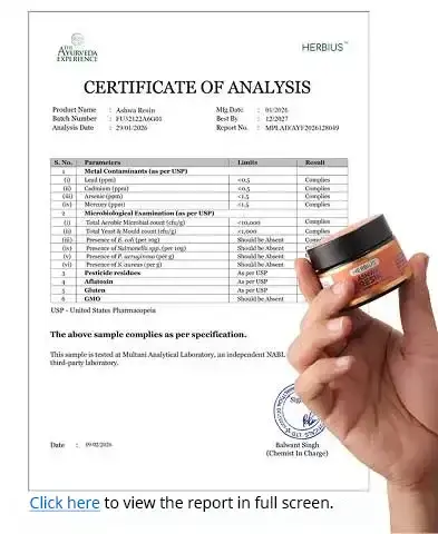 Certificate of analysis for Ashwa Resin shown alongside the product jar, with a link to view the report in full screen.