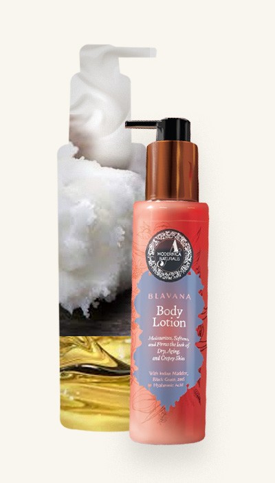 Blava body lotion with its 5 plumping moisturizers, 2 Natural body oils and 1 luxurious butter.