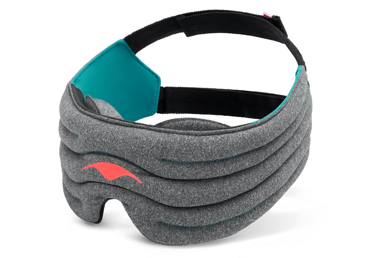 A gray weighted sleep mask with eye cups and green details.