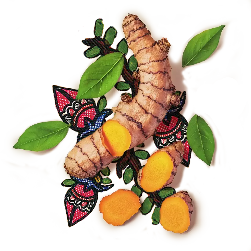 Cut pieces of raw turmeric kept over an artwork of red colored flower buds and leaves