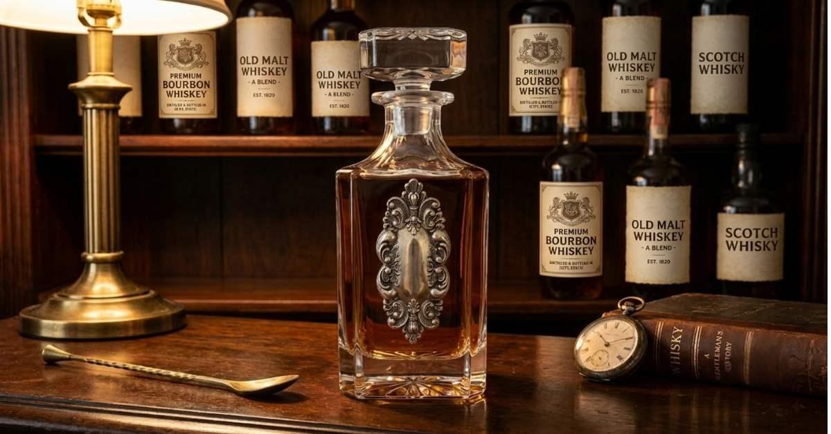 Decanter with Large Vintage Inspired Silver Medallion