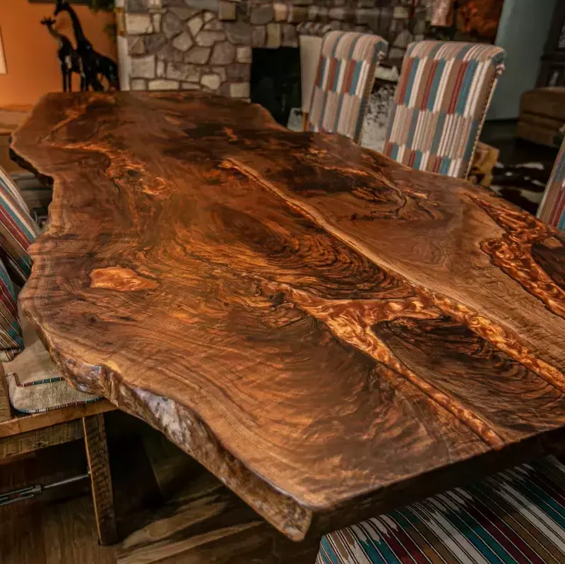 live edge walnut dining table with copper epoxy