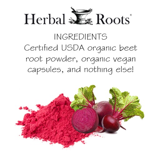 Pile of beet root powder with a cut beet and a couple of small whole beets next to the pile on the right. The text on the image says Ingredients - Certified USDA organic beet root powder, organic vegan capsules, and nothing else!