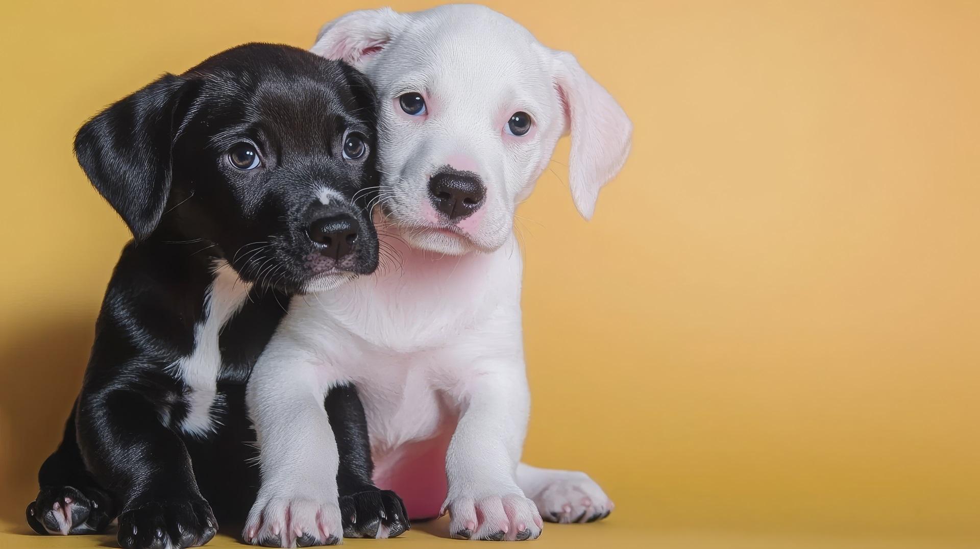 Adorable Black and White Puppies Cuddle on a Sunny Yellow Backdrop, Melting Hearts Everywhere