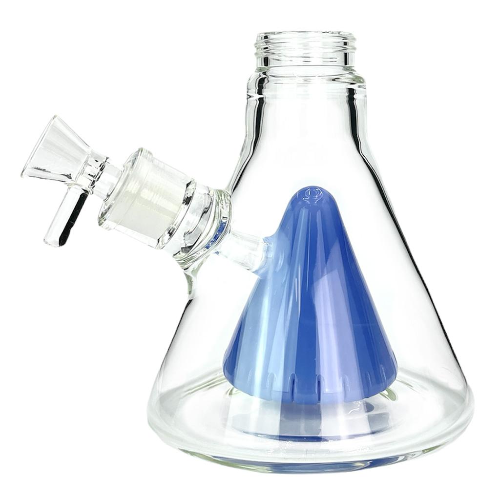 A Blueberry Prism Percolated Beaker Base designed for smokers with gentle lungs. The image shows the integrated glass percolator within the beaker reservoir, which provides maximum water-to-smoke contact to atomize and cool every hit for a 100% cough-free experience.