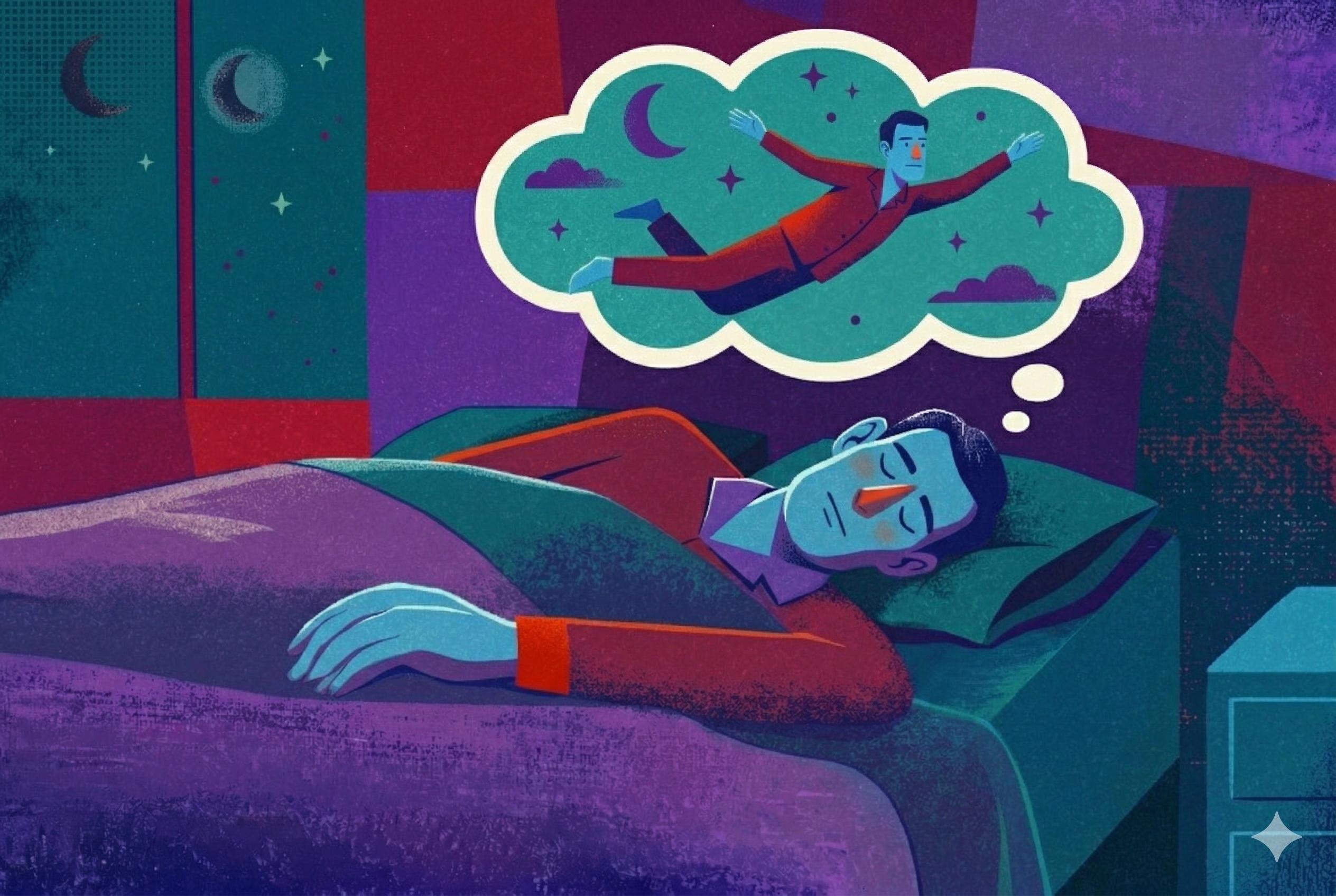 A sleeping man experiencing a vivid dream of himself flying during the REM sleep stage.