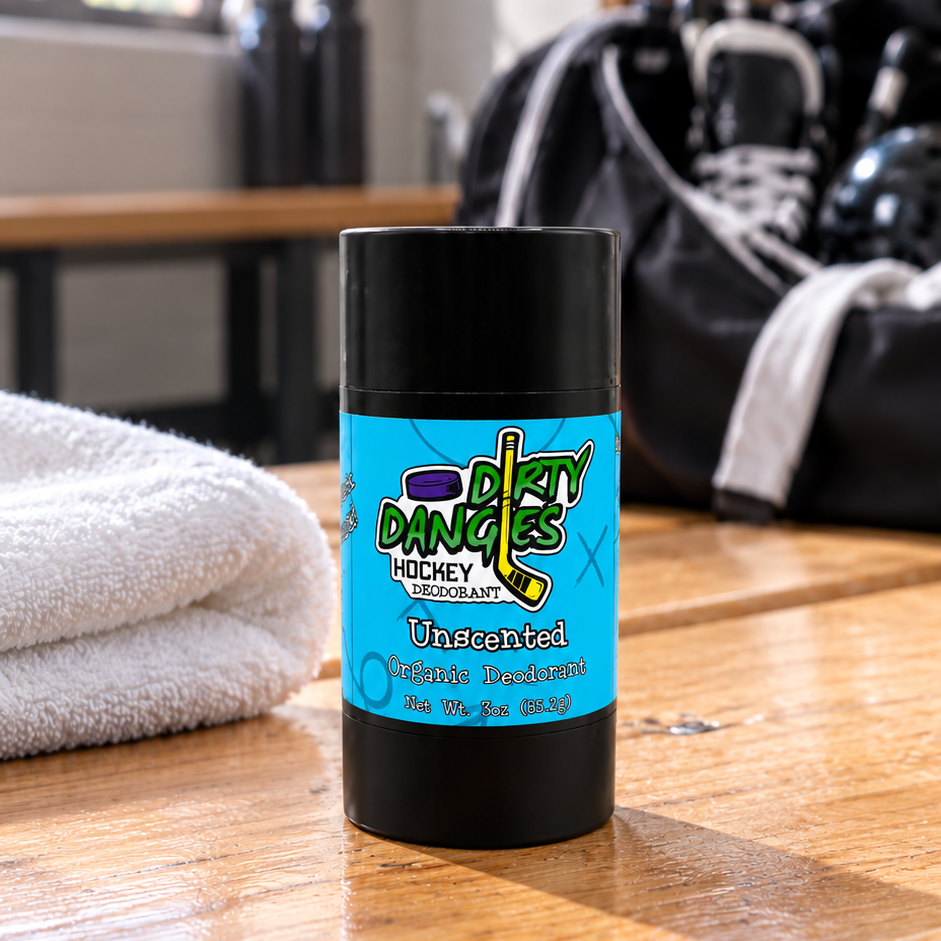 fragrance free aluminum-free deodorant Unscented on a bench in a hockey locker room. Dirty Dangles
