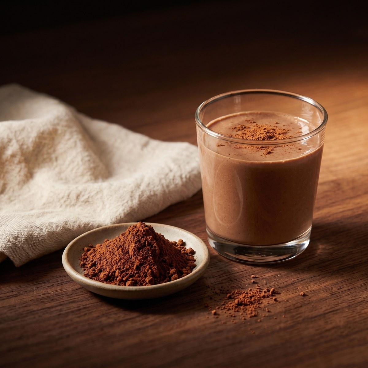 Chocolate reishi smoothie topped with reishi powder, with a bowl of reishi powder on a wooden table