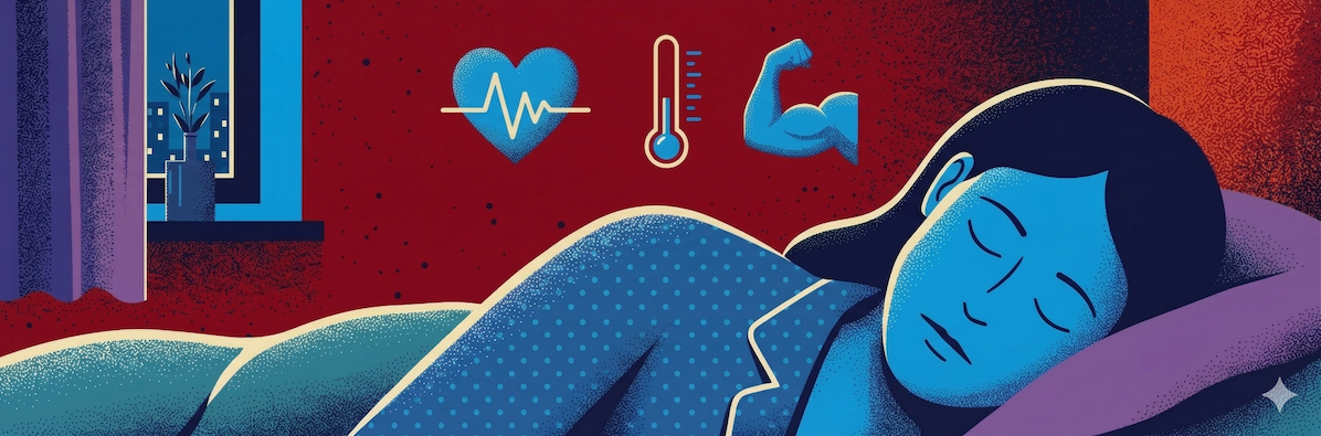 A sleeping woman with a heart, thermometer and bicep over her head, representing what happens during the light sleep stage.