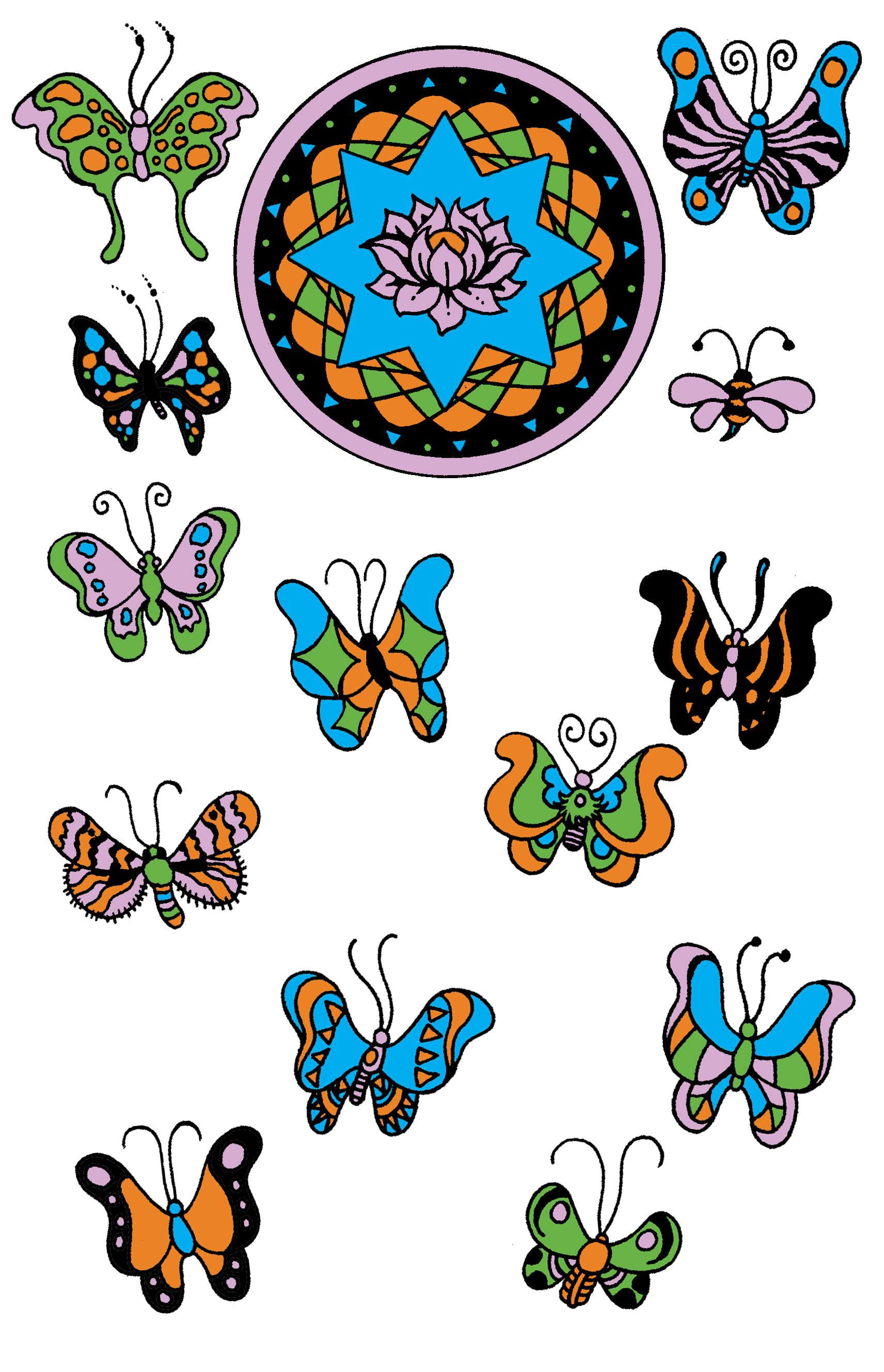 Brian Blomerth's illustration of 13 butterflies and a lotus flower surrounded by a circular design