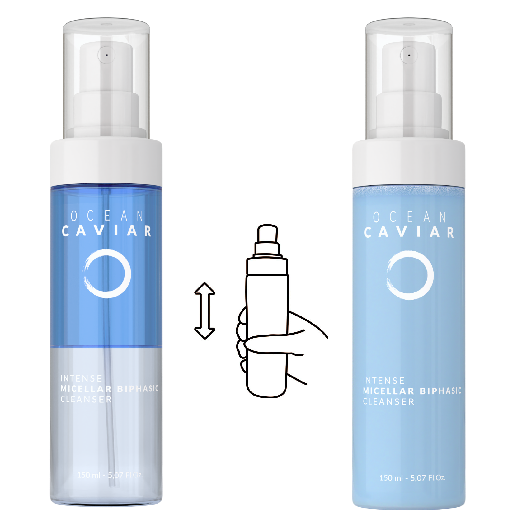 Ocean Intense Cleanser before and after it's been shaken.