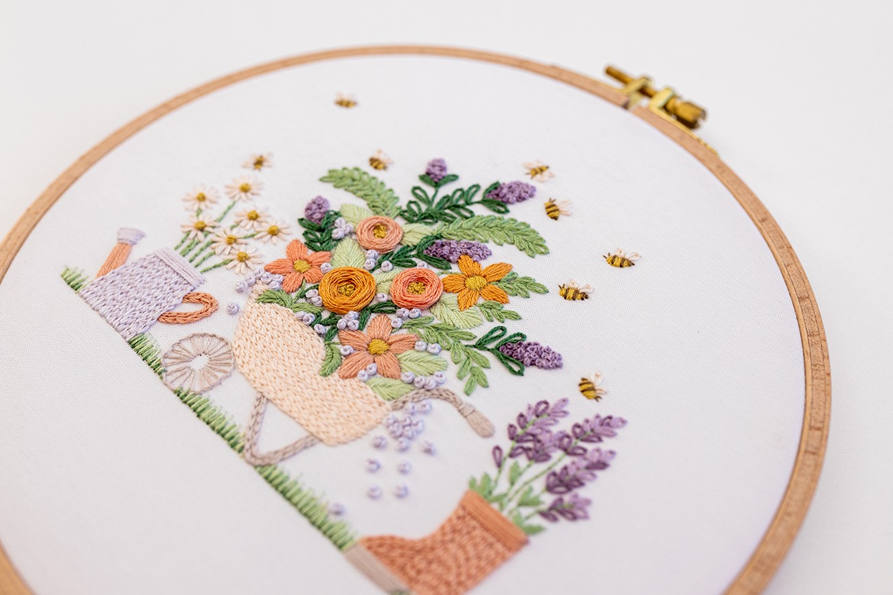 This image is of the Gardening Bee pattern, which uses back stitch.