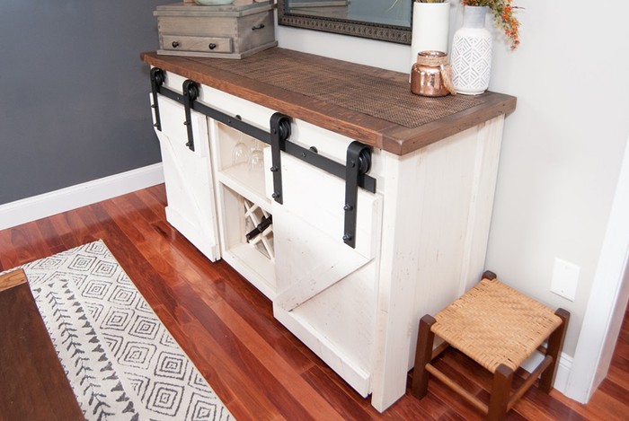 white farmhouse buffet with wine cabinet