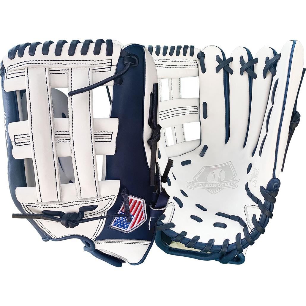 13 Softball First Base Mitt - Navy with White Web – Hit Run Steal