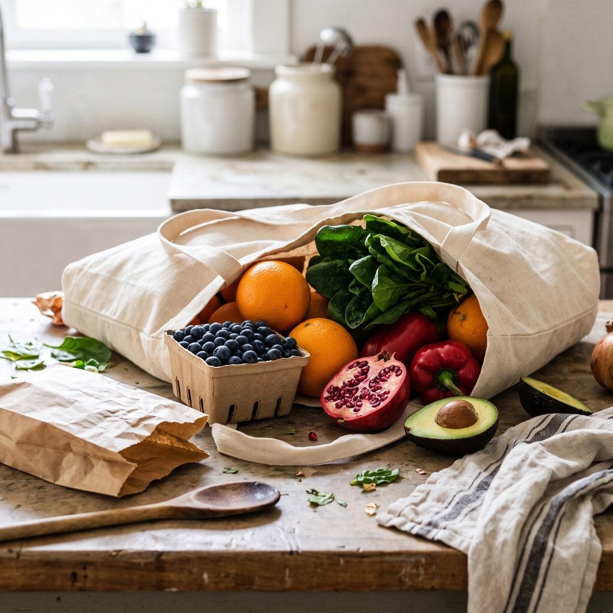 Canvas market bag spilling oranges, blueberries, pomegranate, avocado and greens onto a kitchen counter