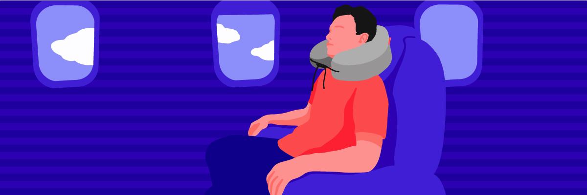 A man sleeping in an airplane using a travel pillow for neck pain.