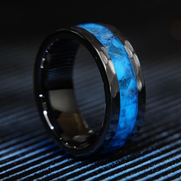 Hammered tungsten mens ring.