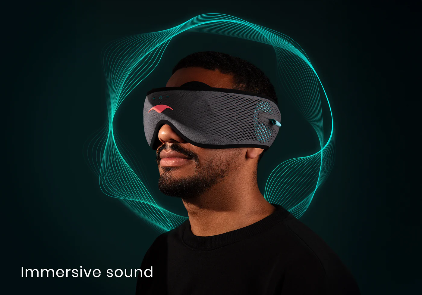 A man wearing a sleep mask with headphones for achieving the best nap length. Blue sound waves surround his head.