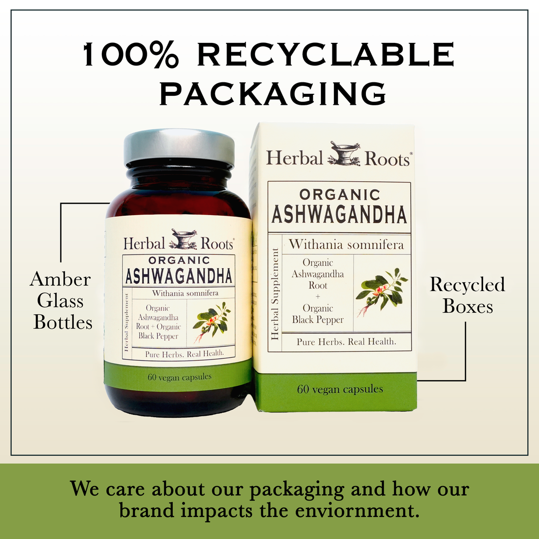 Bottle and box of Herbal Roots Organic Ashwagandha next to each other. Under the bottle and box says We care about our packaging and how our brand impacts the environment. There is a line coming from the left of the bottle that says Amber glass bottles. There is a line coming from the left of the box that says recycled boxes.