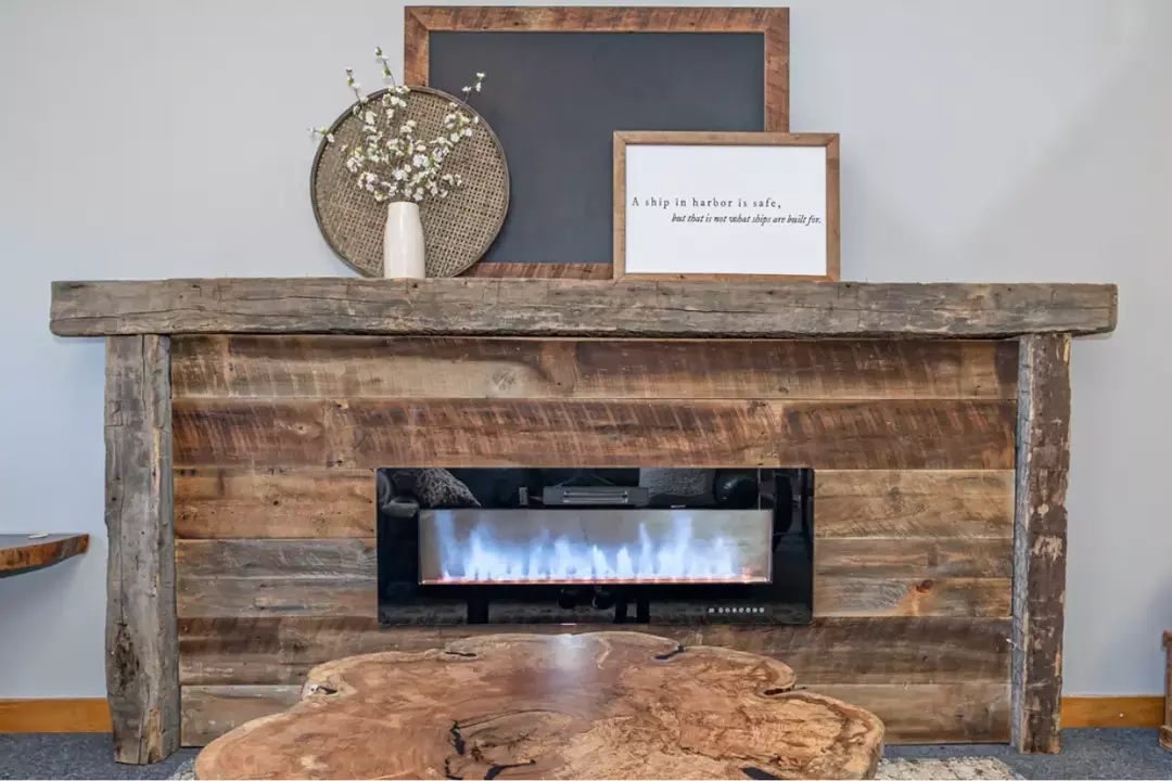 reclaimed wood beam mantel