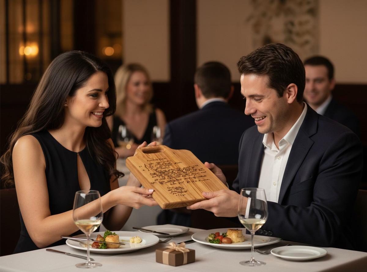 Realtor giving a personalized live edge walnut charcuterie board as a closing gift