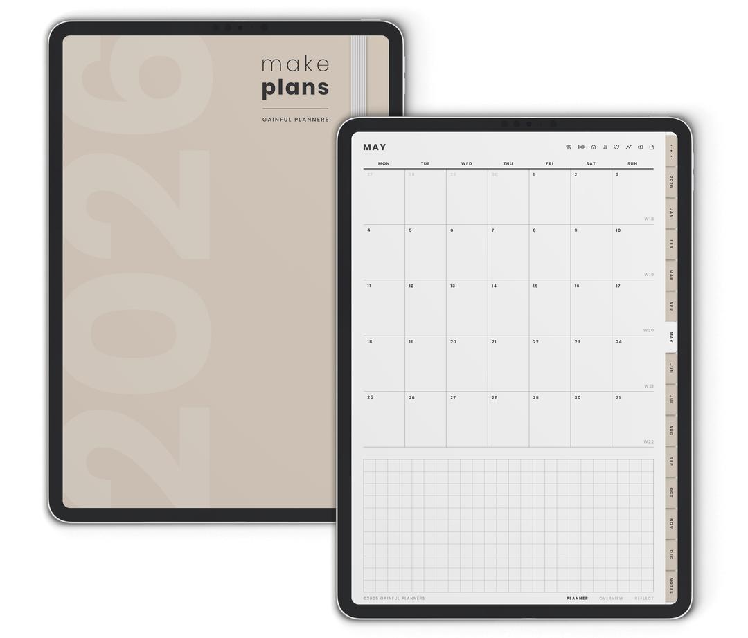 Two digital planners with a beige cover and monthly calendar layout on a white background.