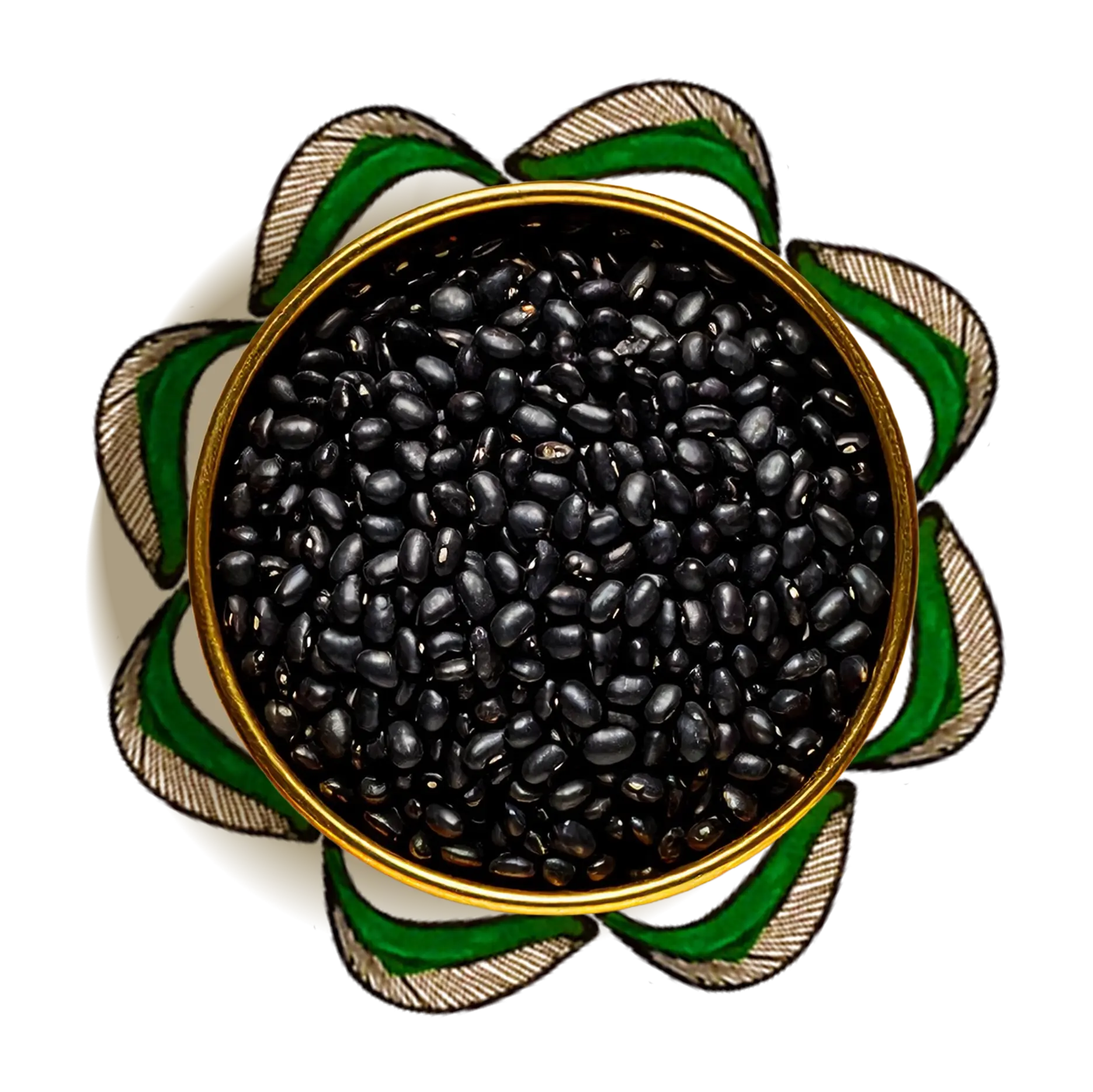 A bowl of black grams surrounded by floral artworks