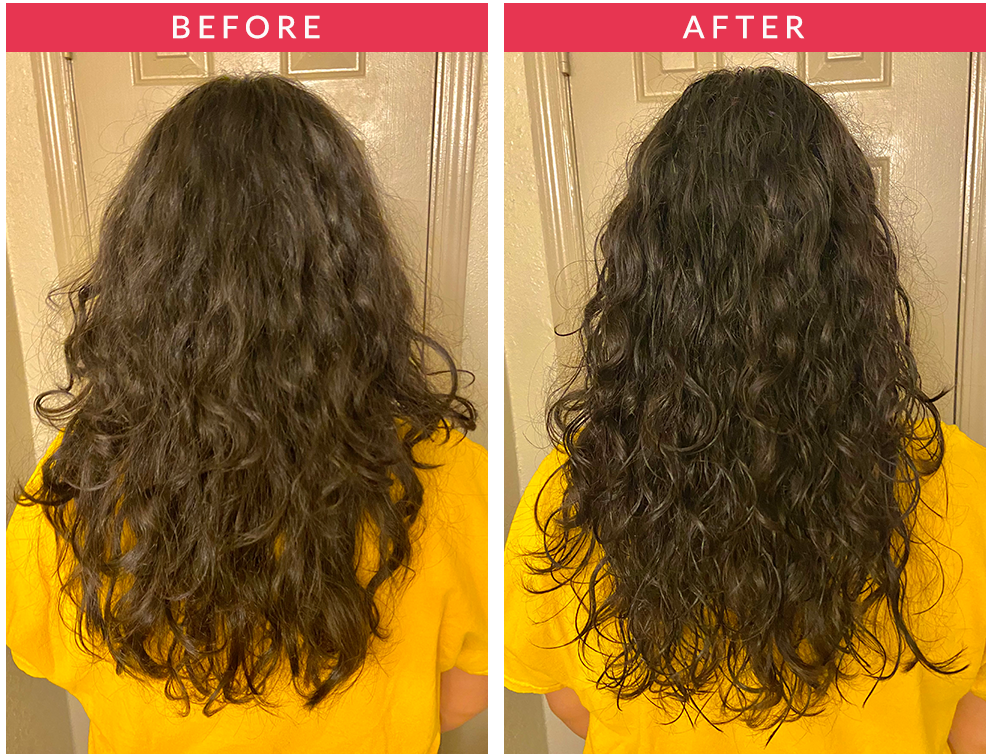 Before and after using curl refresher hair spray