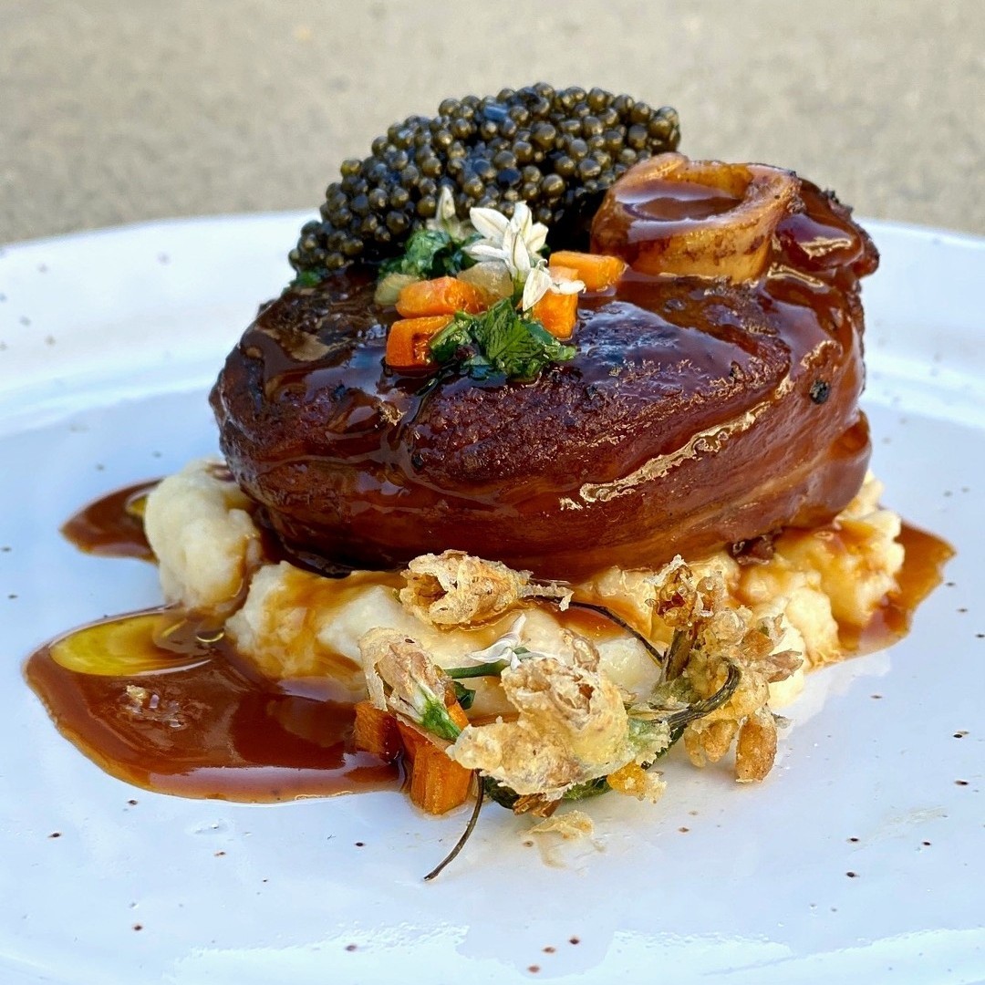 A meat dish topped with Royal Caviar from Sterling Caviar by Chef Keith Lo