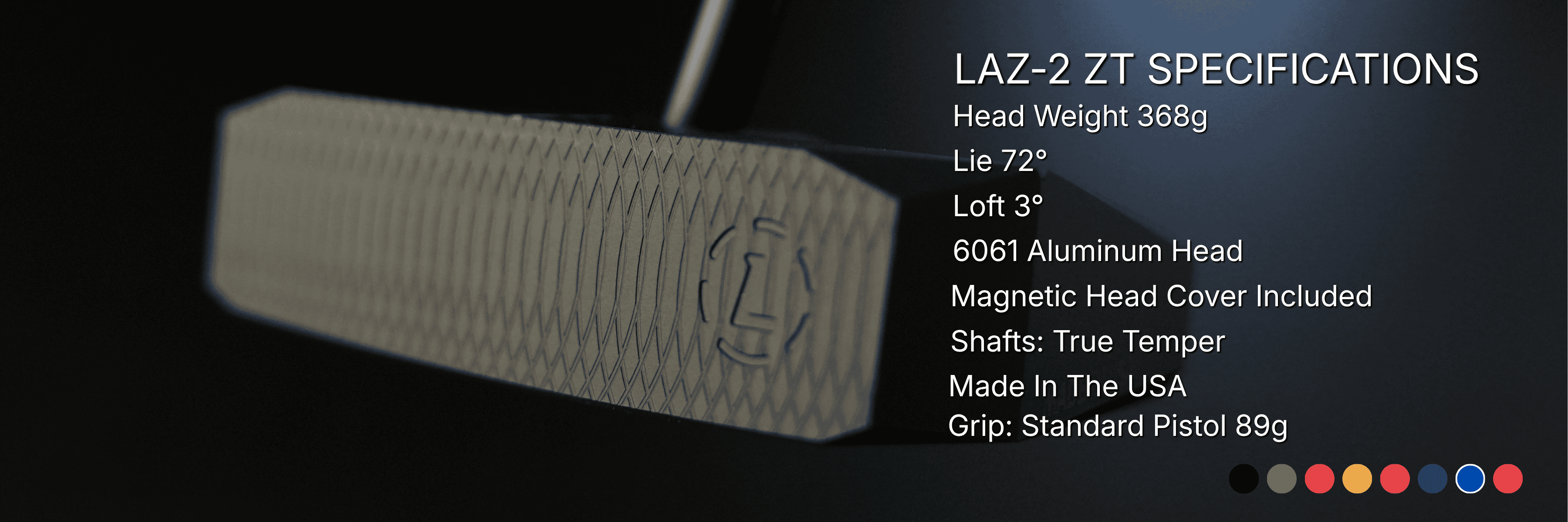 Specifications chart for Lazrus LAZ2 zero torque mallet putter including loft, lie, length and head weight
