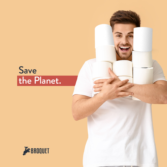 man carrying several rolls of toilet paper, broquet logo, text reads: Save the Planet.