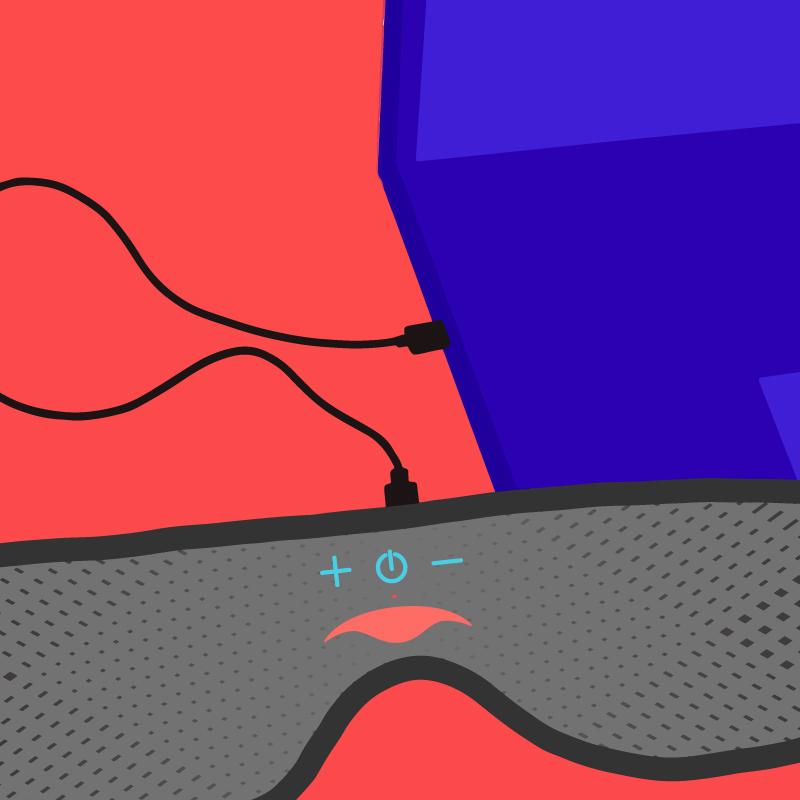 A Bluetooth® sleep mask with headphones plugged into a laptop’s USB port.