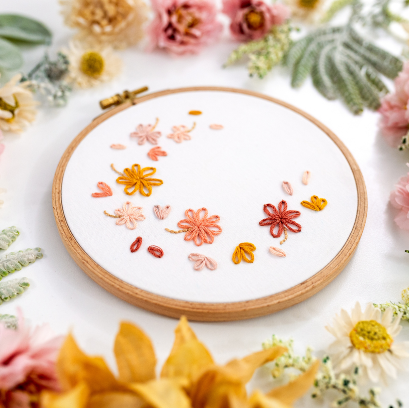 This is a free beginner embroidery pattern, Petal Breeze, framed in a hoop, available for purchase from the Clever Poppy Shop.
