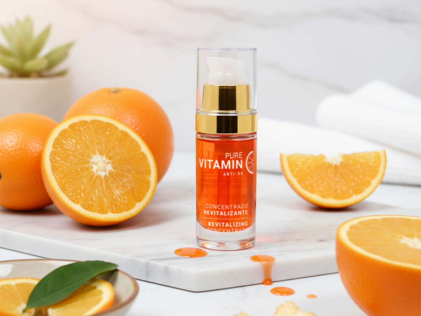 Noche's Vitamin C Serum standing on a counter, surrounded by oranges.