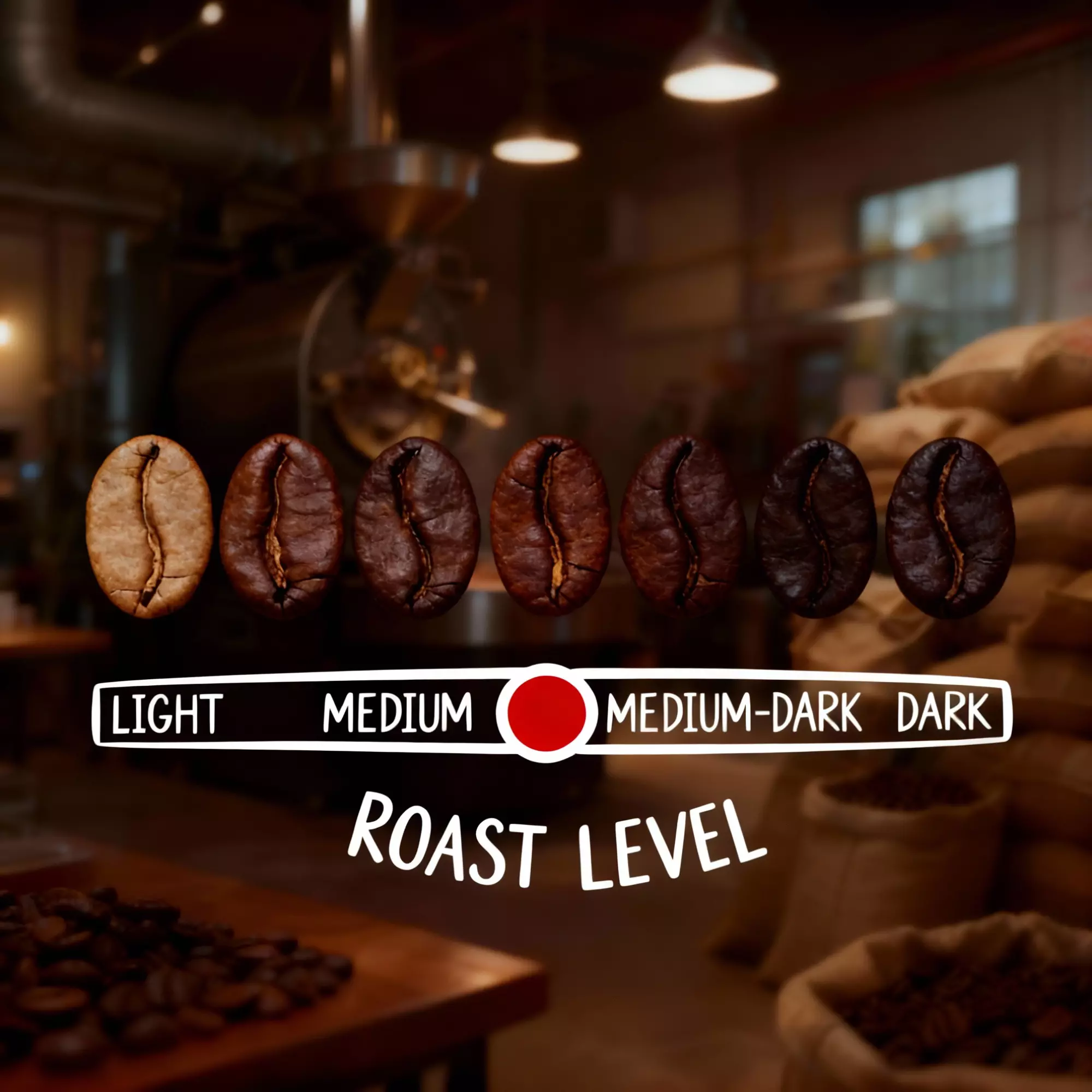 Coffee roast level chart showing light, medium, medium-dark, and dark roast coffee beans.