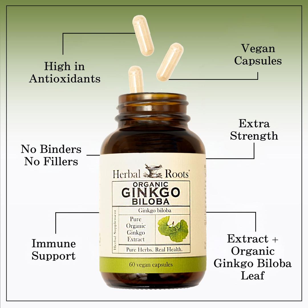Bottle of Herbal Roots Organic Ginkgo Biloba with three pills spilling out of the top of the bottle. There are several lines pointing to the bottle and the capsules. The lines say High in antioxidants, Vegan Capsules, Extra Strength, No Binders or fillers, Immune Support and Extract plus organic ginkgo biloba leaf.