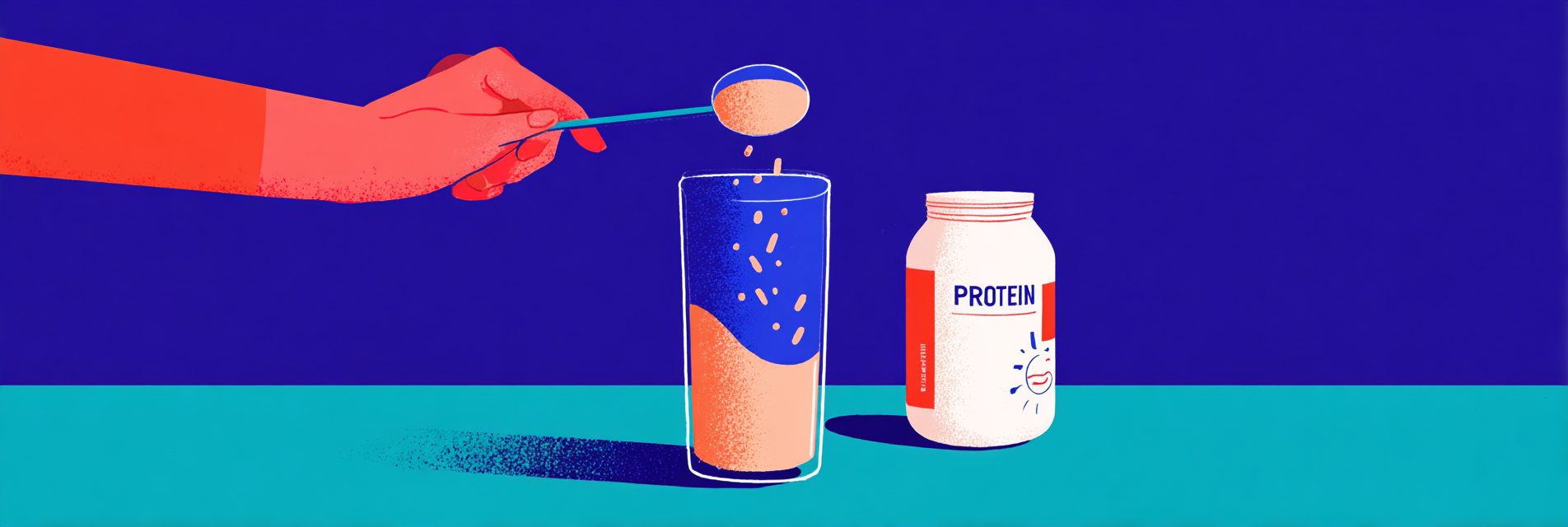 A hand scooping protein powder into a glass to prepare a protein shake before bed. There is a white jar labeled protein beside the glass.