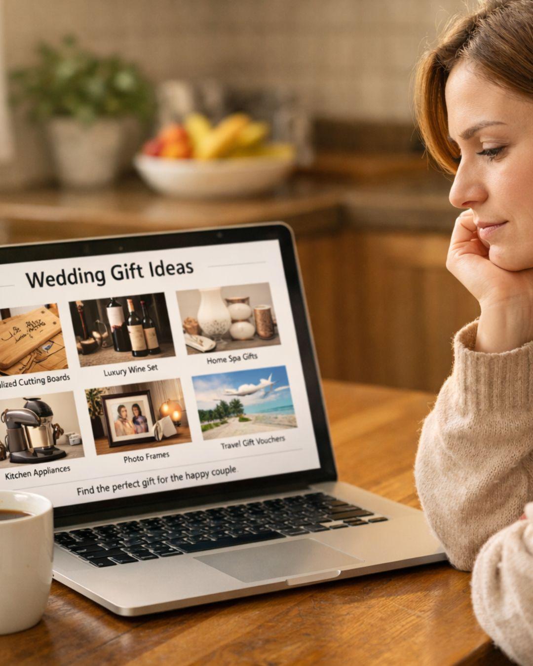 Person researching wedding gift ideas online while choosing a meaningful wedding gift for a couple
