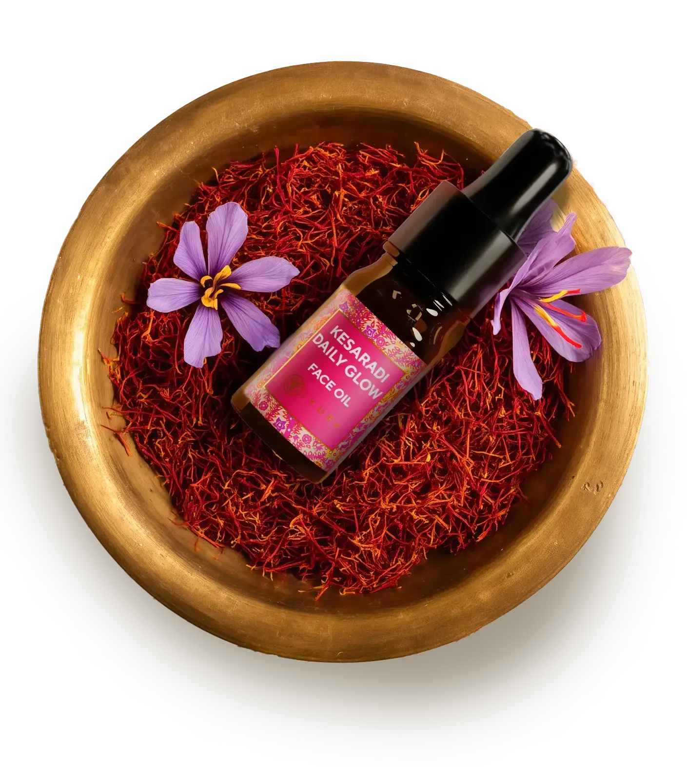 kesaradi mini kept in a bowl of saffron with two saffron flowers