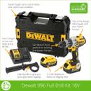 DeWalt 996 Full Drill Kit 18V displayed on a white background, including a heavy-duty DeWalt carry case, cordless drill, fast charger, two 5Ah batteries, and a side handle.