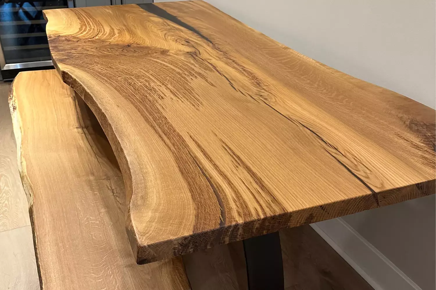 Live Edge Oak Dining Table with Architectural Base and Bench