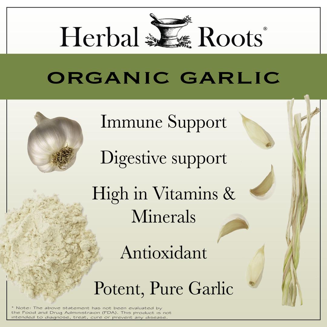 Variations of garlic in its different forms - cloves, braided plant stems, powder, bulb with text that says Organic Garlic- Immune Support, Digestive Health, High in Vitamins & Minerals, Antioxidant, Potent Pure Garlic