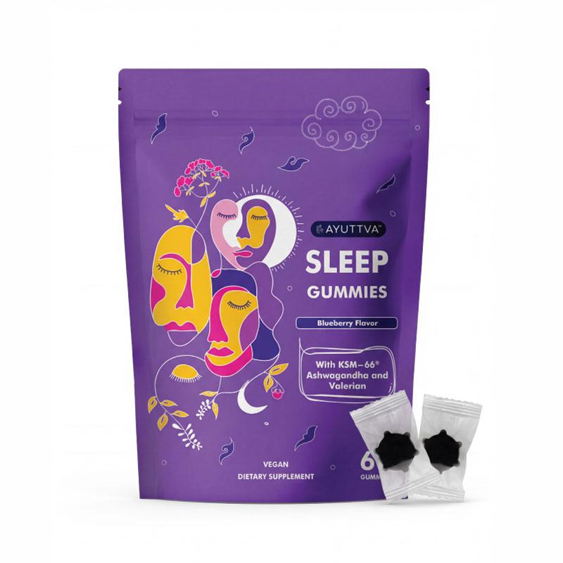 Sleep gummies pack with individually wrapped pieces shown