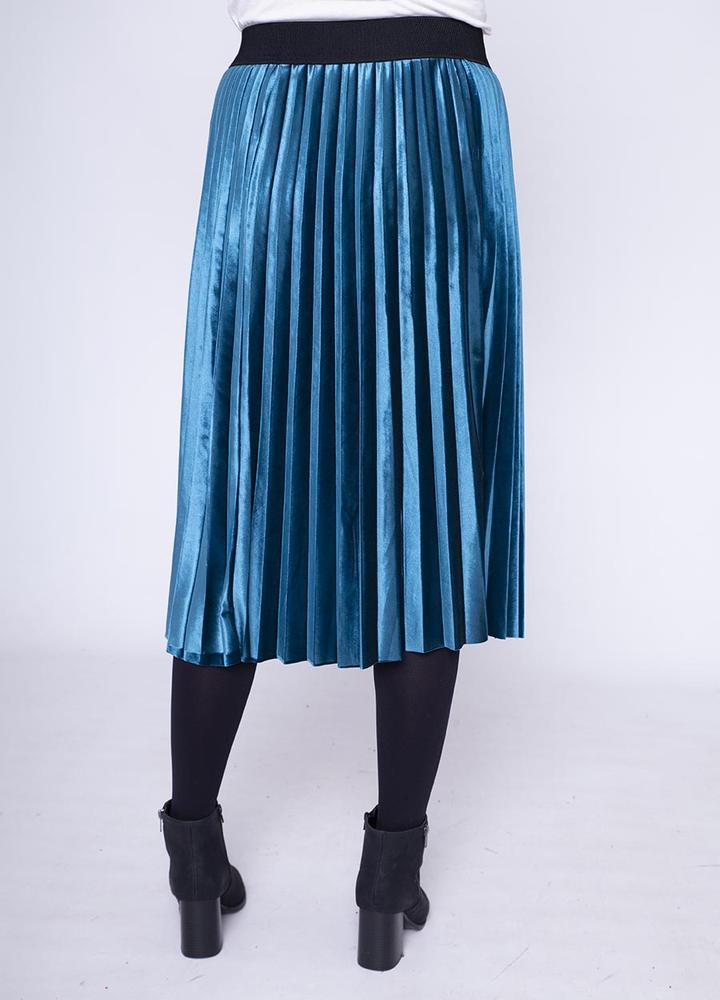 Stretch Waist Pleat Velvet Skirt in Teal