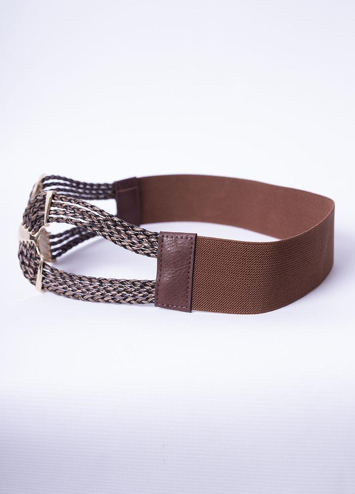 Gold Braided Elastic Waist Belt in Brown