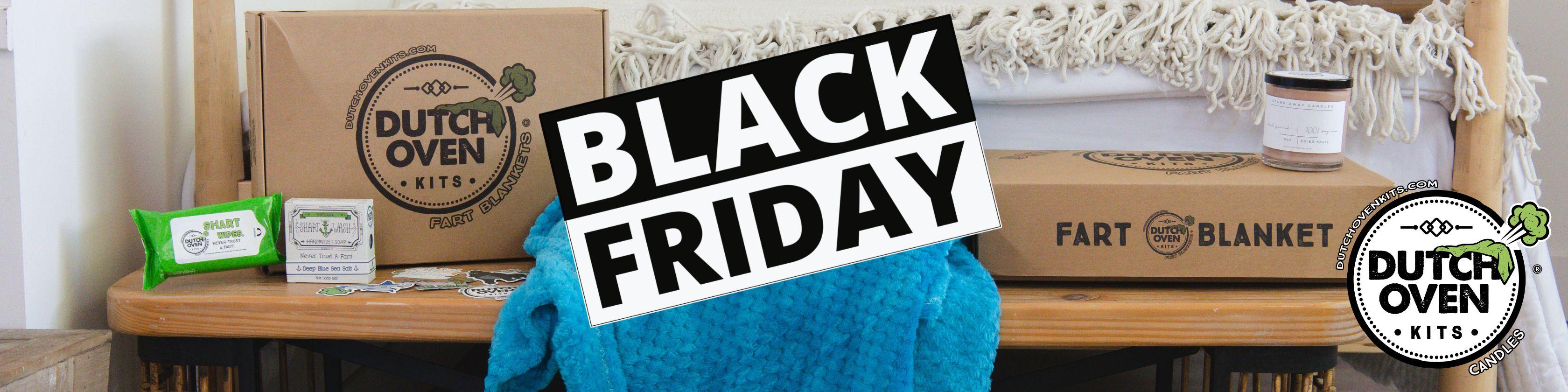 picture of a blue dutch oven kits blanket with boxes wipes and soap on a wood table. Text says black friday