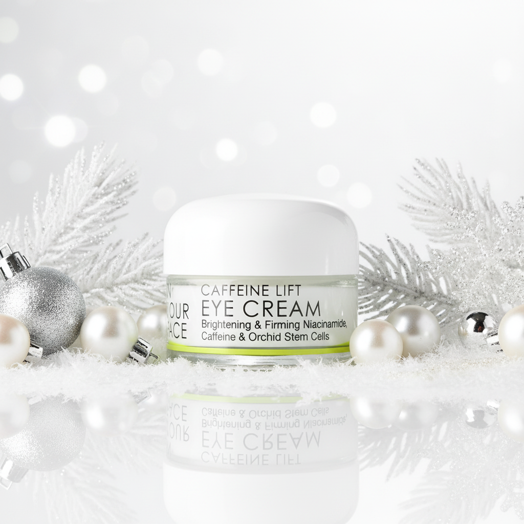 A jar of Your Face Caffeine Lift Eye Cream with a white lid and a clear glass container showing pale yellow-green cream inside, set against a clean white background with a soft reflection.