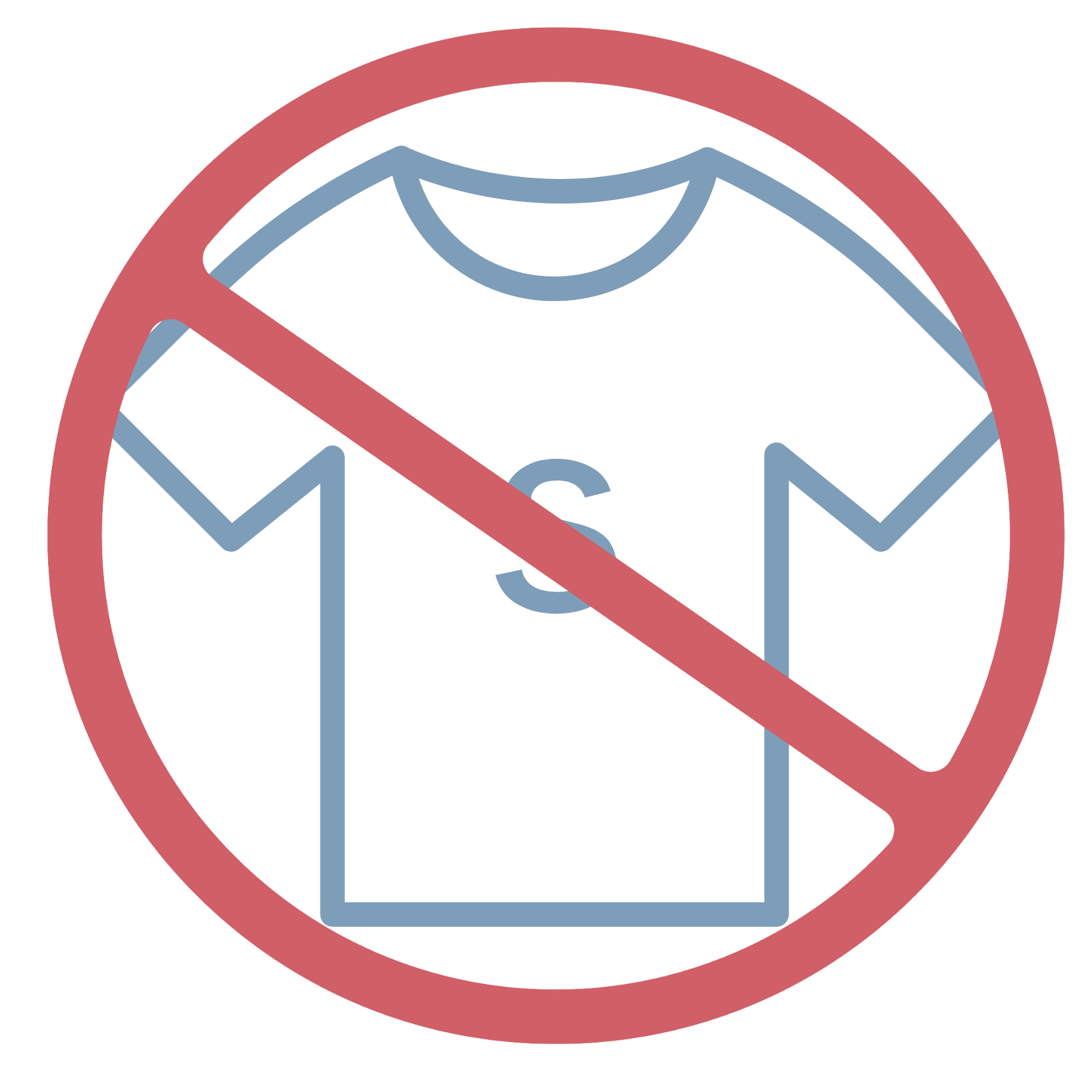 Icon of small shirt with a red circle and slash through it