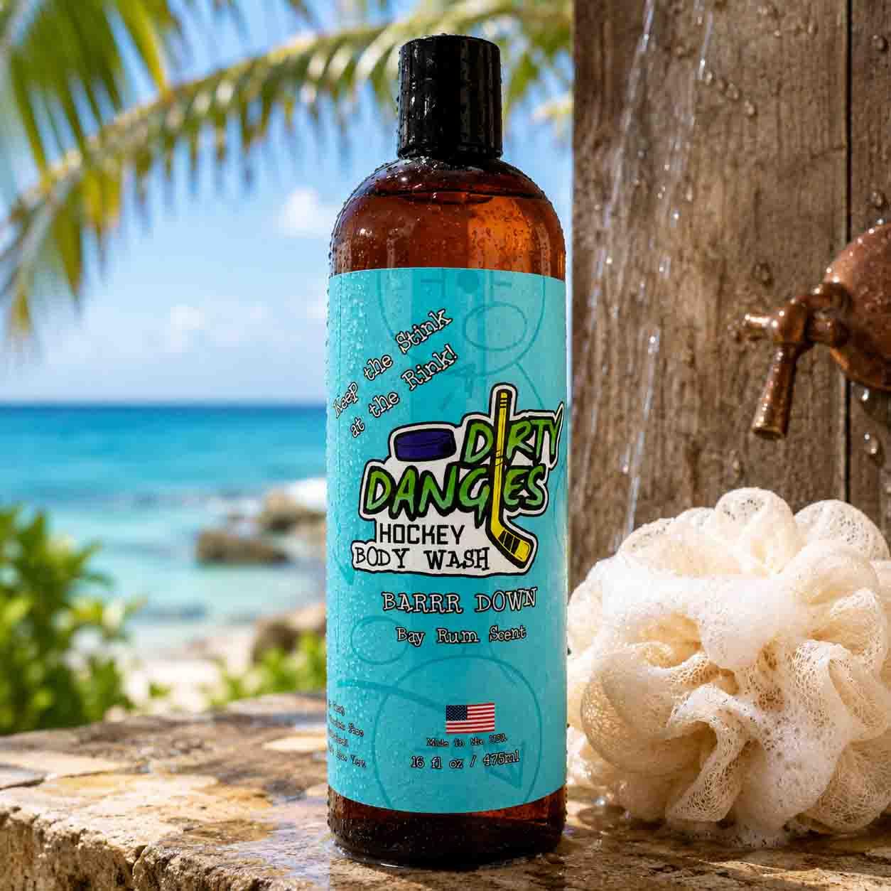 Barrr down bay rum Hockey Body Wash in a tropical outdoor shower with a beach and palm tree in the background